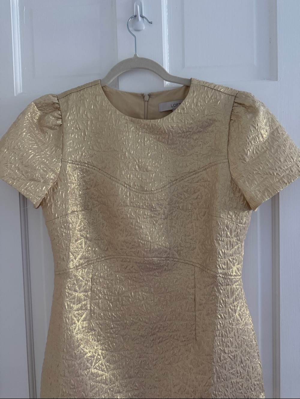 LOFT Metallic Gold Short Sleeve Textured Mini Dress - Picture 3 of 7
